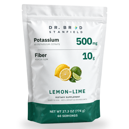 Potassium Fiber lemon and lime drink pouch, front of pack