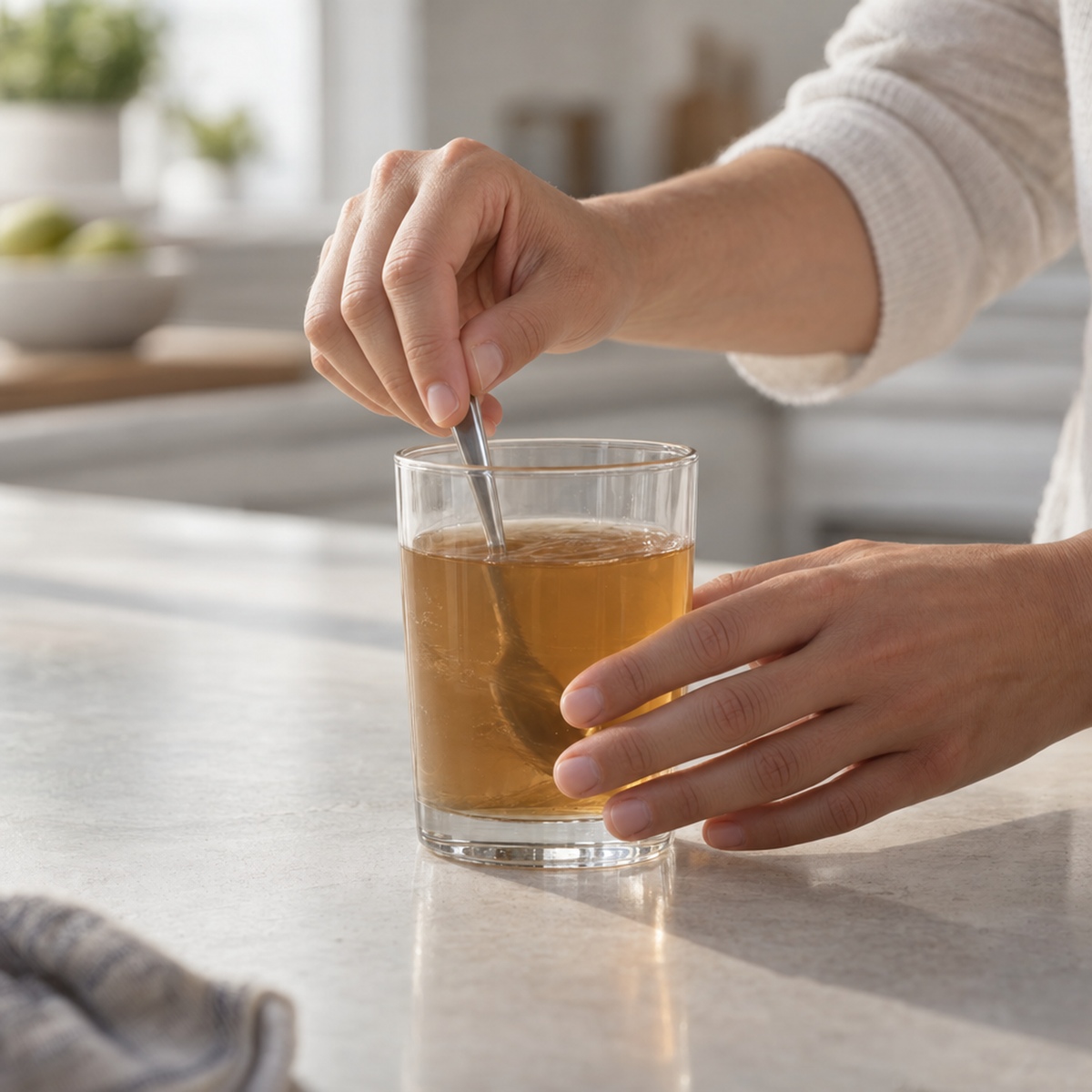 Stirring a scoop of Potassium Fiber into a glass of water